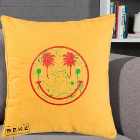 Perna Decorativa Smiley Face Tropical Glitter Roz, 40x40 cm, Galben, Husa Detasabila, Perna Inclusa, BEKZ®