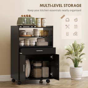 HOMCOM Dulap pentru Cuptorul cu Microunde cu Roți, Bufet de Bucătărie cu Sertar, Blat pentru Aparate, Dulap cu 2 Uși, Raft Retractabil și Raft Deschis, Cărucior de Bucătărie pentru Sufragerie, 59x40x92cm, Negru | Aosom Romania