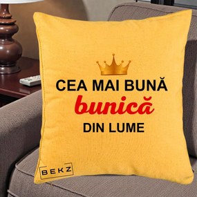 Cadou pentru Bunica - Perna Personalizata Cea Mai Buna Bunica Din Lume Coroana Aurie, 40x40 cm, Galben, Husa Detasabila, Perna Inclusa, BEKZ®