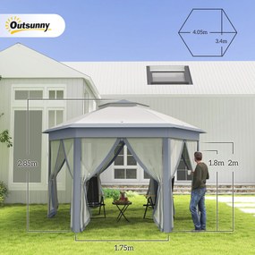 Outsunny Pavilion pliabil 4 x 4m, design hexagonal, perdele din plasă, rezistent la apă, acoperiș ventilat, Gri+Alb | Aosom Romania