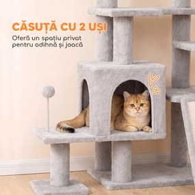 PawHut Stâlp de Zgâriat Per Pisici pe Mai Multe Niveluri Con 4 Stâlpi E Culcuș Gri Chiaro | Aosom Romania