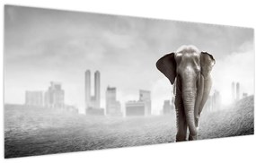 Tablou - Elefanți în oraș, versiunea alb-negru (120x50 cm)