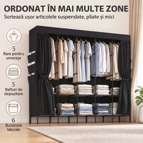 HOMCOM Dulap Textil Compact cu 5 Bare, 5 Rafturi, 6 Buzunare Laterale, Uși Anti-Praf cu Fermoar, Negru | Aosom Romania