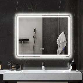 HOMCOM Oglindă de Baie cu Iluminare LED, Pad Anti-În Ceață, 3 culori reglabile, Ceas, 700 x 900 mm, Argintiu | Aosom Romania