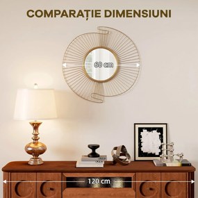 HOMCOM Oglindă Decorativă de Perete Rotundă, Design Modern cu Benzi Metalice și Ramă Plisată, Pentru Sufragerie, Dormitor și Hol, 60x60 cm, Auriu | Aosom Romania