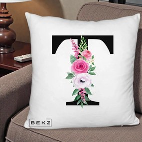 Cadou Personalizat - Perna Personalizata Monograma Florala Litera T, 40x40 cm, Alb Pufos, Husa Detasabila, Perna Inclusa, BEKZ®