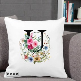 Cadou Personalizat - Perna Personalizata Monogram Litera U cu Flori Acuarela, 40x40 cm, Alba Mata, Husa Detasabila, Perna Inclusa, BEKZ®