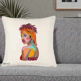 Perna Decorativa Portret Femeie Colorat Pop Art, 40x40 cm, Crem Reliefat, Husa Detasabila, Perna Inclusa, BEKZ®