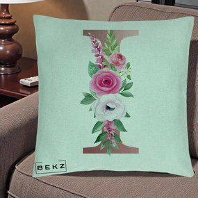 Cadou Personalizat - Perna Personalizata Monograma Rose Gold Litera I, 40x40 cm, Verde Menta, Husa Detasabila, Perna Inclusa, BEKZ®