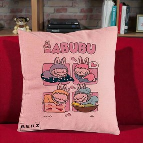 Perna Personalizata Labubu Sleeping Quad Grid, 40x40 cm, Roz, Husa Detasabila, Perna Inclusa, BEKZ®