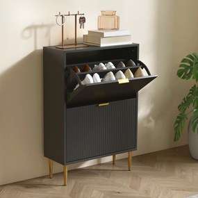 HOMCOM Dulap pentru pantofi 12 perechi cu 2 sertare rabatabile, uși canelate și rafturi reglabile, 60x24x91,5cm, negru | Aosom Romania