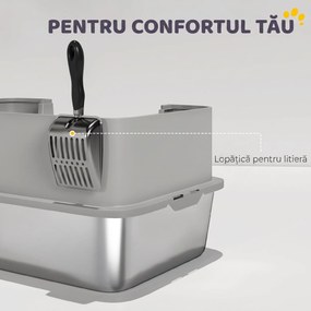 PawHut Litieră pentru Pisici Închisă din Oțel Inoxidabil XL cu Lopățică și Laterale Înalte, Gri | Aosom Romania