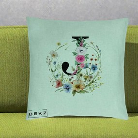 Cadou Personalizat - Perna Personalizata Monogram Litera J cu Flori Acuarela, 40x40 cm, Verde Menta, Husa Detasabila, Perna Inclusa, BEKZ®