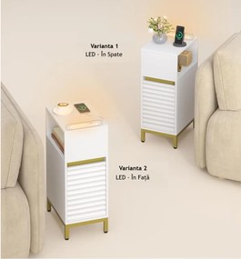 NOA2 - Set 2 Noptiere, 24 cm, foarte inguste, LED, USB si USB-C, Riflaje dormitor - Alb - Auriu