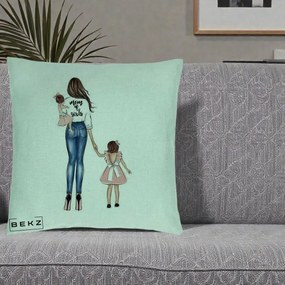 Cadou pentru Mama - Perna Personalizata Mom of Girls Mama cu Fetele, 40x40 cm, Verde Menta, Husa Detasabila, Perna Inclusa, BEKZ®