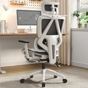 Scaun ergonomic, suport lombar dinamic, tetieră 3D, cotiere 3D, umeras, suport picioare, Mesh, Alb/Gri
