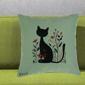 Perna Decorativa Pisica Neagra Flori Rosii Folk Minimal, 40x40 cm, Verde, Husa Detasabila, Perna Inclusa, BEKZ®