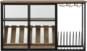 Dulap bar industrial din metal și lemn masiv, negru și natur, cu 2 uși vitrate, 1 raft și suport pentru sticle, 60 x 102 x 32 cm, „Lourmarin”