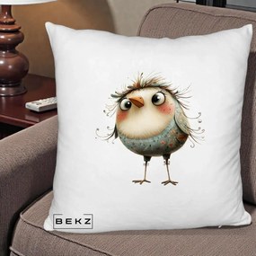 Perna Decorativa Pasare cu Penaj Zbarlit si Gene, 40x40 cm, Alb Pufos, Husa Detasabila, Perna Inclusa, BEKZ®