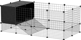 PawHut Cușcă Modulară pentru Animale Mici cu 2 Căsuțe Ridicate, Țarc cu 31 de Panouri, 140x70x52 cm, Negru | Aosom Romania