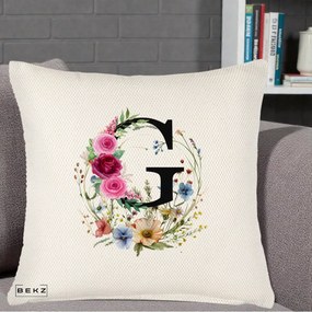 Cadou Personalizat - Perna Personalizata Monogram Litera G cu Flori Acuarela, 40x40 cm, Crem Reliefat, Husa Detasabila, Perna Inclusa, BEKZ®
