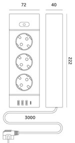 Multipriză LINEA PRO cu întrerupător, 3x 230 V Schuko + 3x USB-A + 1x USB-C, cablu 3 m, alb