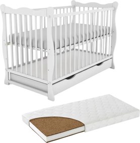 RESIGILAT Patut din lemn masiv cu sertar si capac 120x60 cm Kidizi Isla alb si saltea cocos LUX 120x60x12 cm,reglabil pe 3 nivele, certificat EN71