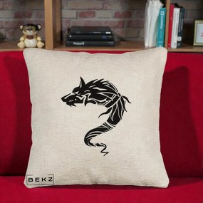 Perna Decorativa Lup Tribal Alb-Negru, 40x40 cm, Bej Canapea, Husa Detasabila, Perna Inclusa, BEKZ®