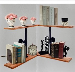 Raft colt cu 2 polite stil industrial din lemn-metal Homs 62x50x35x12 cm