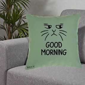 Perna Decorativa Pisica Morocanoasa Good Morning, 40x40 cm, Verde, Husa Detasabila, Perna Inclusa, BEKZ®