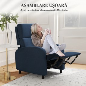 HOMCOM Fotoliu Relax Reclinabil Manual 160° cu Suport pentru Picioare, Fotoliu Reclinabil Tapițat Ergonomic din Material Textil Tip In pentru Dormitor, Birou, Sufragerie, Albastru | Aosom Romania