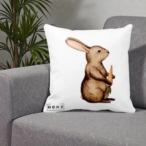 Perna Decorativa Iepuras Acuarela cu Morcov, 40x40 cm, Alba Mata, Husa Detasabila, Perna Inclusa, BEKZ®