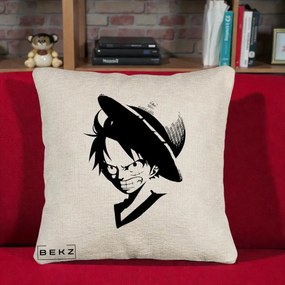 Perna Personalizata One Piece Luffy Silueta Alb-Negru, 40x40 cm, Bej Canapea, Husa Detasabila, Perna Inclusa, BEKZ®