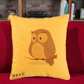 Perna Decorativa Bufnita Kawaii pe Creanga, 40x40 cm, Galben, Husa Detasabila, Perna Inclusa, BEKZ®