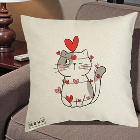 Perna Decorativa Pisica Kawaii cu Inimi, 40x40 cm, Ecru, Husa Detasabila, Perna Inclusa, BEKZ®