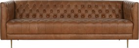 Canapea 3 locuri din piele cognac, cu spătar capitonat, picioare din metal auriu, aspect retro, 74 x 209 x 77 cm, „Odette”