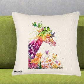 Perna Decorativa Girafa Curcubeu Acuarela, 40x40 cm, Crem Reliefat, Husa Detasabila, Perna Inclusa, BEKZ®