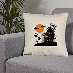 Perna Decorativa Halloween Casa Bantuita cu Fantome, 40x40 cm, Bej Canapea, Husa Detasabila, Perna Inclusa, BEKZ®