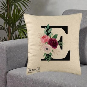 Cadou Personalizat - Perna Personalizata Monograma Florala Litera E, 40x40 cm, Bej, Husa Detasabila, Perna Inclusa, BEKZ®