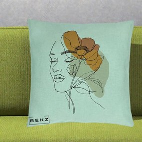 Perna Decorativa Portret Feminin Mac Mare Portocaliu, 40x40 cm, Verde Menta, Husa Detasabila, Perna Inclusa, BEKZ®