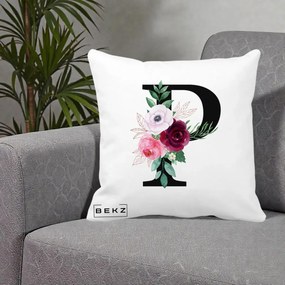 Cadou Personalizat - Perna Personalizata Monograma Florala Litera P, 40x40 cm, Alba Mata, Husa Detasabila, Perna Inclusa, BEKZ®