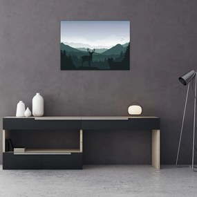 Tablou pe sticlă - Cerb cu lup pe stânci (70x50 cm)