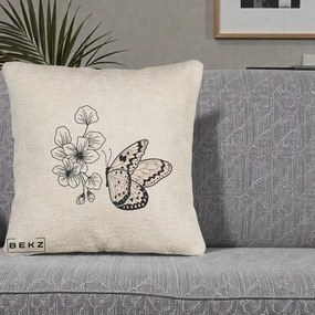 Perna Decorativa Fluture si Flori Linie Monocroma, 40x40 cm, Bej Canapea, Husa Detasabila, Perna Inclusa, BEKZ®