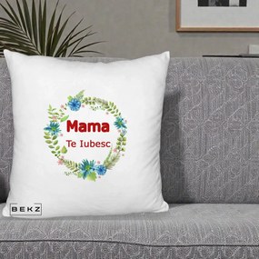 Cadou pentru Mama - Perna Personalizata Mama Te Iubesc Flori Albastre, 40x40 cm, Alb Pufos, Husa Detasabila, Perna Inclusa, BEKZ®