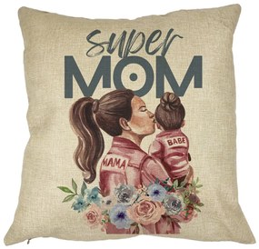 Perna Decorativa Patrata Super MOM Babe, 40x40 cm, Husa Detasabila, Burduf