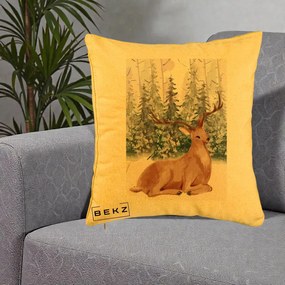 Perna Decorativa Ren in Padure Roz Moale, 40x40 cm, Galben, Husa Detasabila, Perna Inclusa, BEKZ®