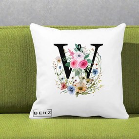 Cadou Personalizat - Perna Personalizata Monograma Florala Litera W, 40x40 cm, Alba Mata, Husa Detasabila, Perna Inclusa, BEKZ®