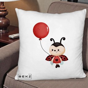 Perna Decorativa Buburuza cu Balon Rosu, 40x40 cm, Alb Pufos, Husa Detasabila, Perna Inclusa, BEKZ®
