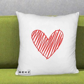 Perna Decorativa Inima Rosie Desen Manual, 40x40 cm, Alb Pufos, Husa Detasabila, Perna Inclusa, BEKZ®