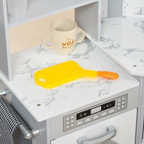 AIYAPLAY Bucătărie pentru copii din lemn cu 17 accesorii legume din plastic butoane și lumini șapcă 3-6 ani gri alb | Aosom Romania